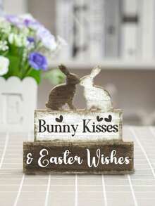 Rustic Wooden Sign - Bunny Kiss And Easter Blessing, Easter Wooden Ornaments, Farmhouse Tabletop Decor With Rabbit Silhouettes, Heart Accents & Bow Details, Holiday Home Desktop Decoration, Perfect For Home, Living Room, Or As A Gift For Easter, Rabbit Decor