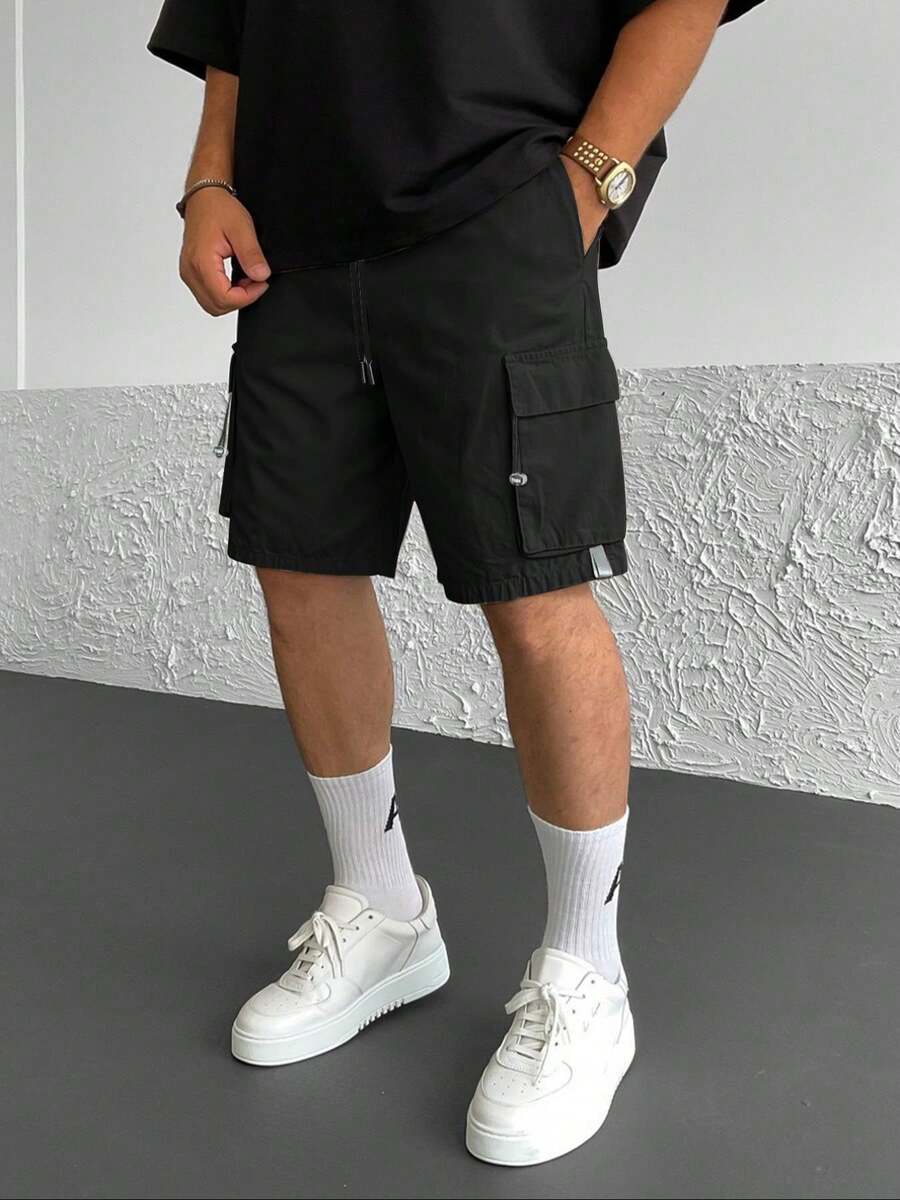 Men's Cool Multi-Pocket Design With Drawstring Accent, Straight Leg Flattering Cargo Shorts,Bermuda Shorts - Black - View 1