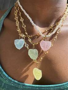 2025 Summer Colorful Cute Three-Dimensional Acrylic Sugar Heart Pendant Necklace Shiny Chain Faux Pearl Necklace Childlike Clavicle Chain For Women Jewelry Gifts - Heart Candy Necklace - View 2