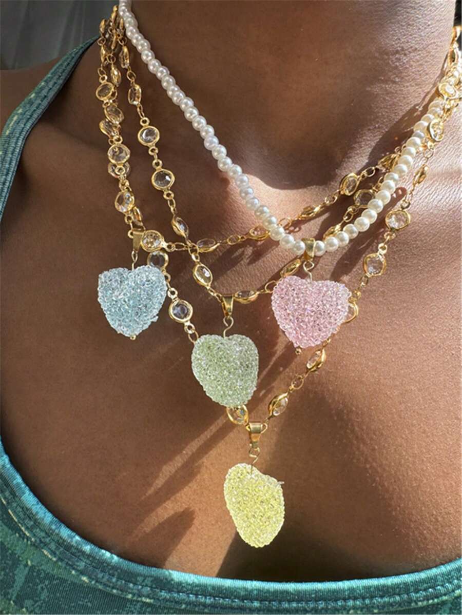 2025 Summer Colorful Cute Three-Dimensional Acrylic Sugar Heart Pendant Necklace Shiny Chain Faux Pearl Necklace Childlike Clavicle Chain For Women Jewelry Gifts