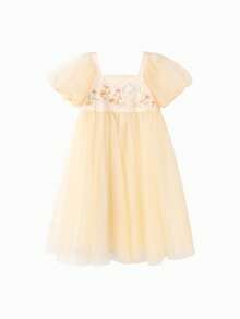 女孩泡芙袖網眼連衣裙，Traditional-Inspired夏季服裝 - 黃色調 - 查看 4
