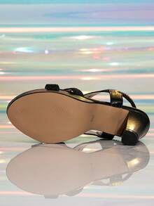 Spring/Summer Women's High Heel Waterproof Platform Sandals, Round Toe Black Embroidery Ankle Strap Chunky Heel Thick Sole Casual Dress Shoes - Black - View 7