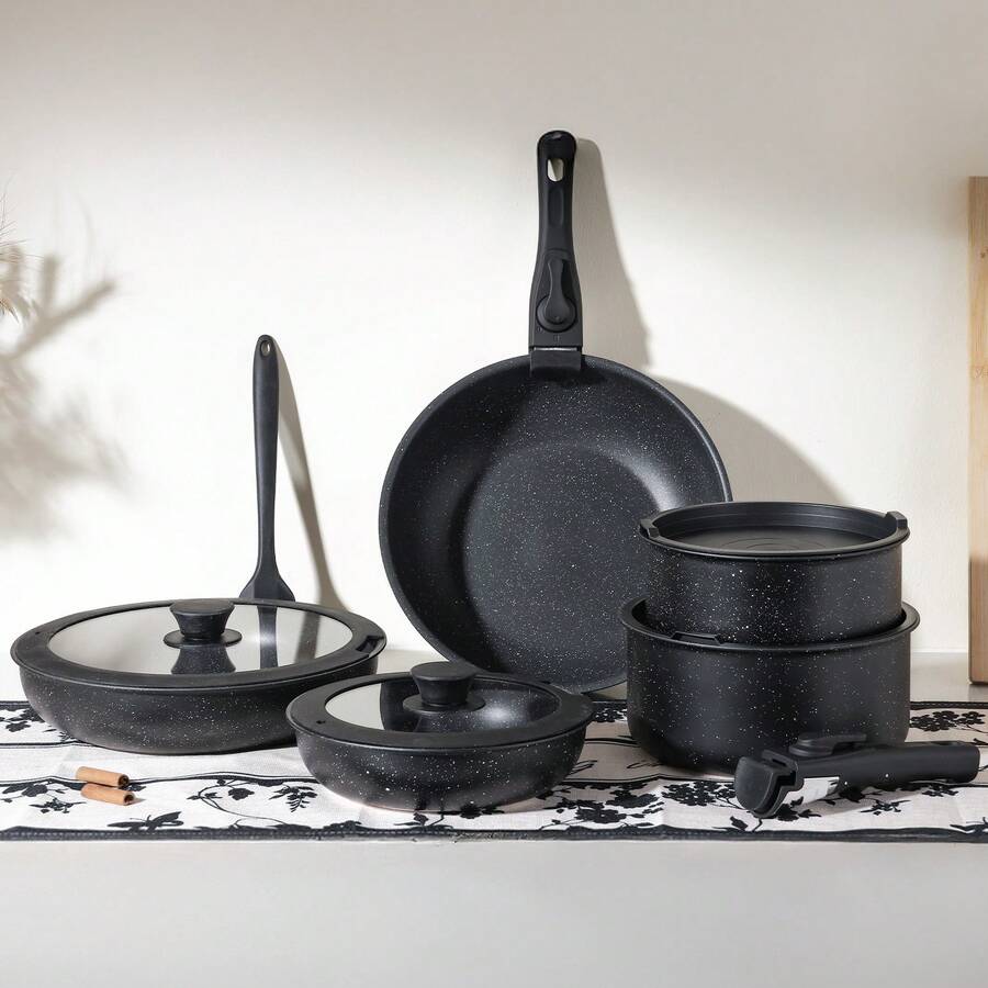 Sweetcrispy 12-Pieces Nonstick Pots And Pans Set - Kitchen Cookware With Removable Handles - Ideal For Home Cooking,Black - màu đen - Xem 1