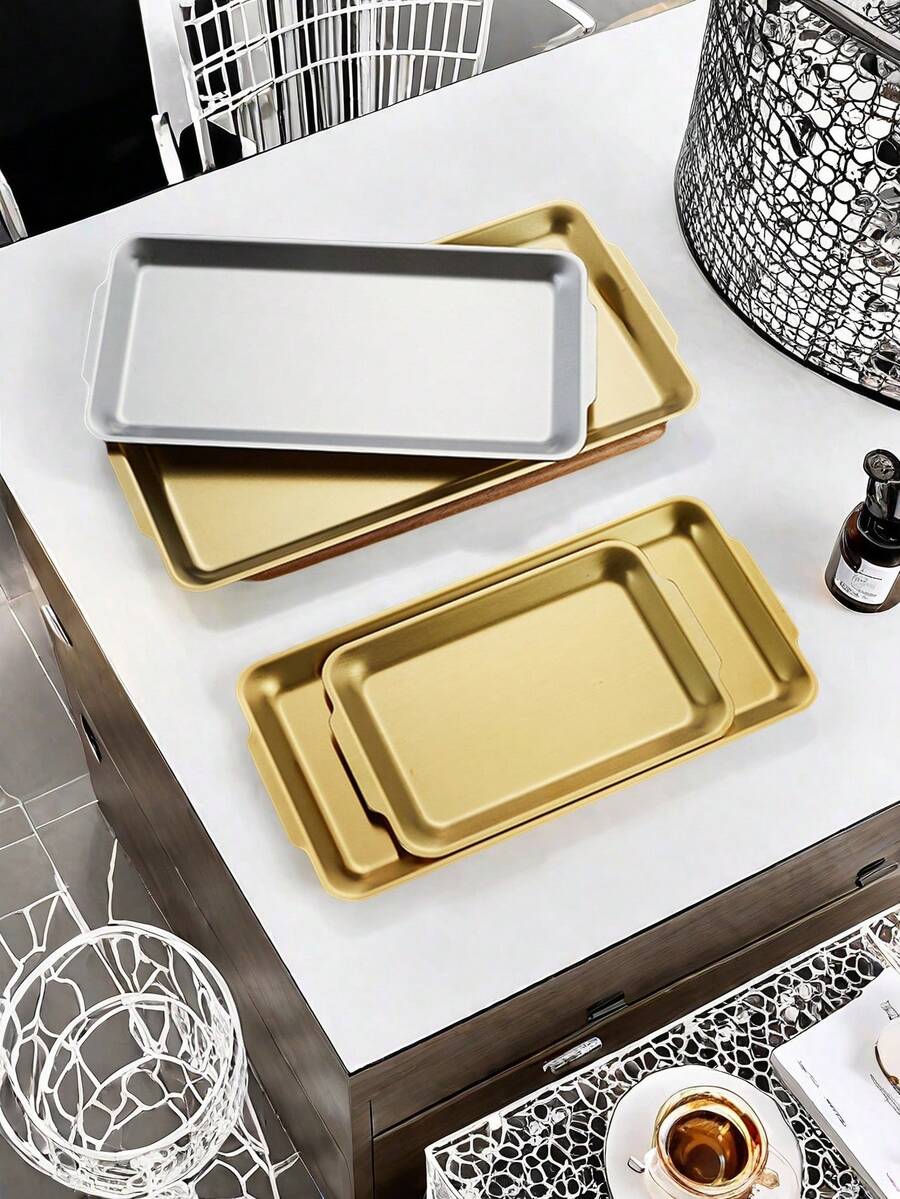 1pc Rectangular Stainless Steel Serving Tray, Thick & Sturdy, Korean Style, For Home, Hotel, Restaurant Decoration, BBQ, Sushi Display - Multicolor - View 1