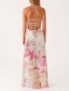 Women Spaghetti Strap Floral Print Maxi Dress Sleeveless Backless Cami Long Dress Summer Cross Tie-Up Party Dresses - Màu be - Xem 4