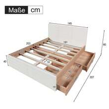 Cama doble de madera con cajones, cama con canapé, estructura de cama con somier, para dormitorio, habitación de invitados, habitación juvenil, sin colchón, blanco+roble - Blanco - Ver 6