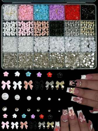 1 boîte Décorations d"ongles en ABS avec nœud, perles blanches de différentes tailles, accessoires de nail art avec simulateurs de diamants Y2K, DIY