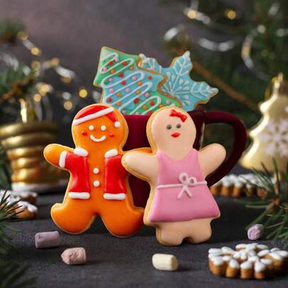 2pcs/4pcs, Christmas, Gingerbread Man, Cookie Cut, Cookie Flip Candy, Cake Baking, Boy And Girl Biscuit Cut, Merry Christmas Mold