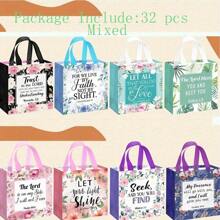 32pcs/Set Floral & Bible Verse Reusable Tote Bags With Handles - Christian Baptism, Wedding, Birthday Fabric Gift Bags - Inspiring Non-Woven Purse For Women,Christmas