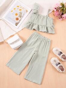 2pcs Girls Striped Ruffle Trim Short Sleeve Top And Wide Leg Pants Set, Summer - Green - View 3