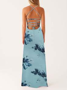 Women Spaghetti Strap Floral Print Maxi Dress Sleeveless Backless Cami Long Dress Summer Cross Tie-Up Party Dresses - 藍色 - 查看 4