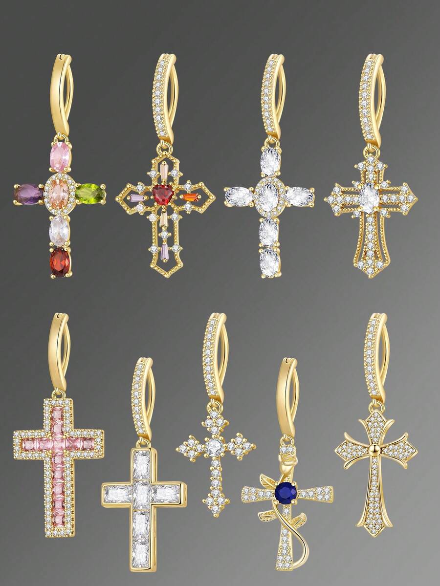 1pc Copper Micro-Inlaid Cross Navel Ring, Suitable For Women's Daily Wear - Multicolor - View 1