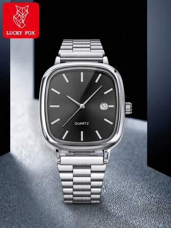  LUCKYFOX 1-Piece Battery-Operated Vintage Steel Band Minimalist Square Watch With Calendar, Suitable For Men & Women, Commuting, Daily Life, Business Events, Holidays, Gifts, Birthdays, Valentine's Day Presents