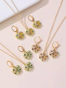 3pcs/Set Girls' Heart And Daisy Flower Necklace & Earrings Jewelry Set - Multicolor - View 9