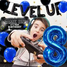 30 Stücke/Set Videospiel Geburtstags Party Dekoration, beinhaltet "Alles Gute zum Geburtstag" Banner, blaue Zahl Luftballons, aufgewertete schwarze Buchstaben Luftballons, Gaming-Controller Luftballons, geeignet für 12., 18., 10., 7. Geburtstag Videospiel-thematische Partydekorationen, Innen- und Außenaktivitäten, Gamer Party Deko