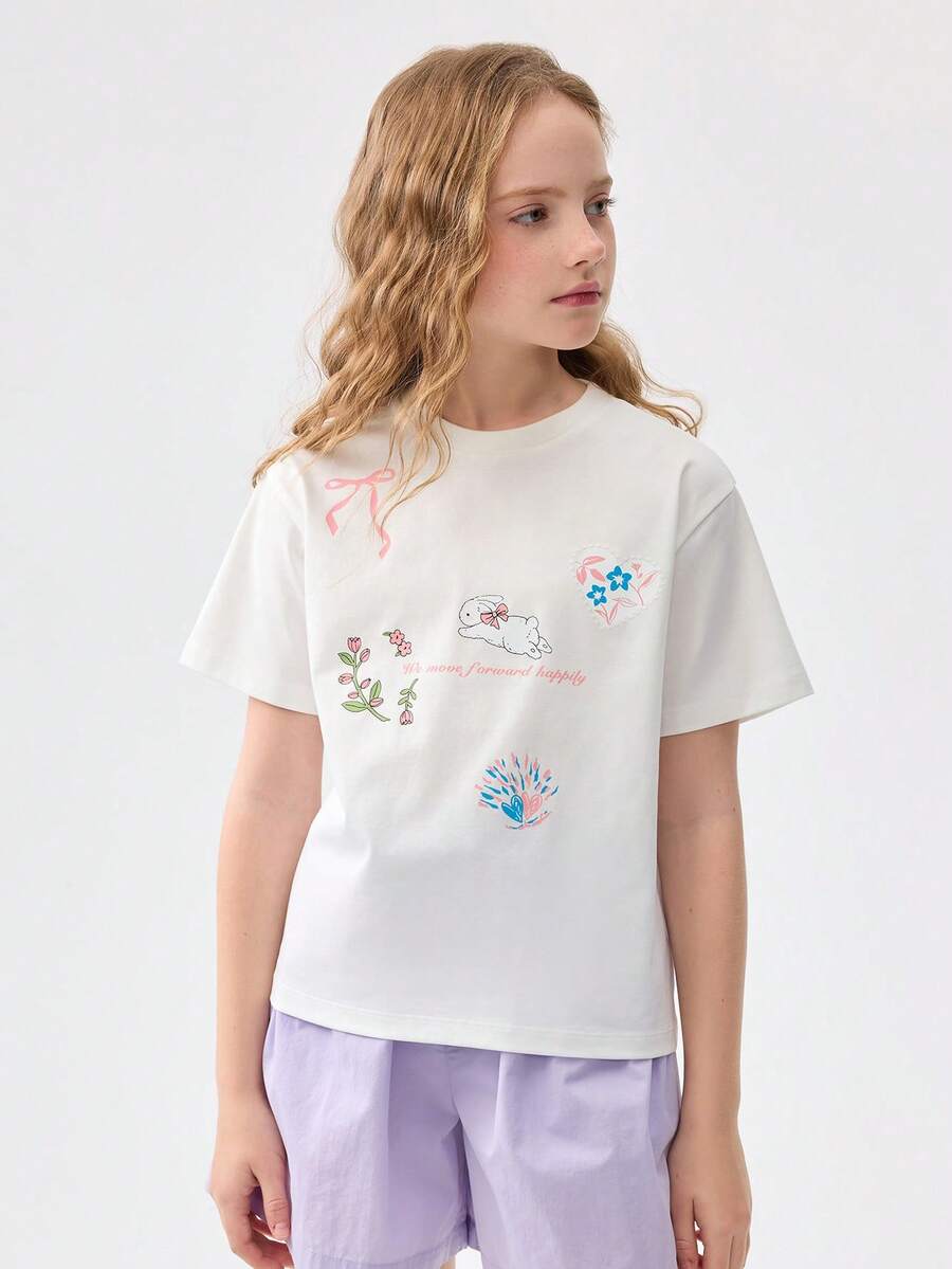 Balabala Girls' Quick-Dry Cartoon T-Shirt, Soft & Fashionable Summer Clothing - Original White - View 1