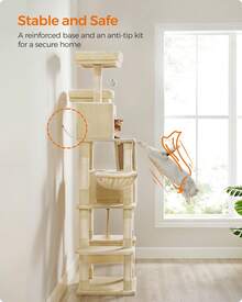 Feandrea Cat Tree, 81.1-Inch Large Cat Tower With 13 Scratching Posts, 2 Perches, 2 Caves, Basket, Hammock, Pompoms, Multi-Level Plush Cat Condo For Indoor Cats, Beige - 杏色 - 查看 6
