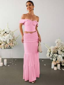 PARTHEA Off-Shoulder Ruched Twist Cropped Top And Low-Waist Ruffle Hem Mini Skirt Set - Pink - View 4