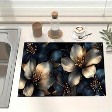 1 pieza Felpudo de secado de platos con estampado floral, alfombrilla absorbente, almohadilla de drenaje para cafetera, utensilios - Protector de superficie de mesa de poliéster, decoración de encimera de cocina, individual para barra y mesa de comedor en el hogar