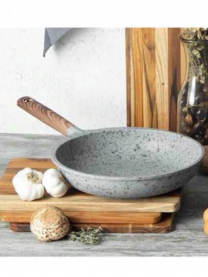 Sartén de 28 cm con antiadherente de 3 capas de granito y piedra volcánica, mango efecto madera, base para inducción, diseño resistente de una sola pieza, ideal para cocinar con poco aceite, fácil de limpiar y con garantía de por vida