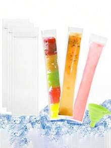100/200PCS 长冰淇淋袋，适用于蔬菜/果汁、果泥、冰淇淋、水果冰，可在低温下密封的储物袋，DIY 冰淇淋袋和食品包装袋派对厨房礼品袋，一次性棒棒糖冰袋碎冰冰袋自封透明棒棒糖冰袋 - 彩色 - 查看 3