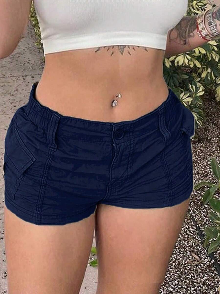 Women Y2k Cargo Shorts Solid Color Vintage Casual Summer Low Rise Elastic Shorts With Pockets E-Girls Slim Fitted Short Pants Club Streetwear - Navy Blue - View 1