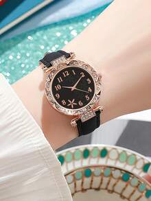 多件套时尚女士数字刻度石英表，带叶纹不锈钢表盘和皮革表带，女士手表，带不锈钢手链、颈链、耳环、戒指套装，适合日常佩戴，节日礼物 - 黑色 - 查看 9