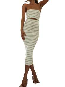 Women Y2K Summer Strapless Maxi Tube Dress Sleeveless Backless Hollowed Striped Patchwork Long Bodycon Dress Party Clubwear