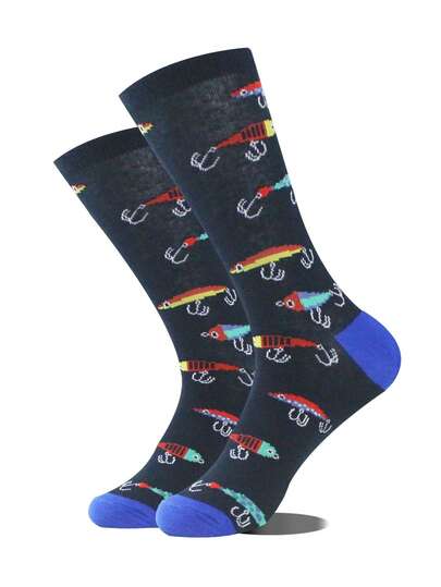 1双男士鱼饵，鱼钩图案袜子，中筒袜，舒适无缝运动袜，钓鱼爱好者的最爱，每次钓鱼必穿，秋冬时尚热卖单品，情侣款，男女皆宜，送给男朋友和女朋友的最佳礼物，秋季