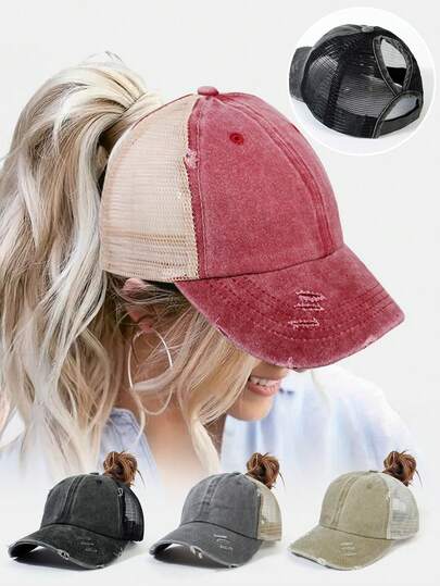 1pc Women Camo Print Mesh Back Ponytail Baseball Cap, Adjustable Trucker Hat For Messy Bun & Outdoor