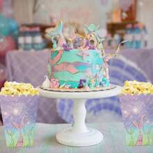 6pcs/12pcs Undersea Themed Purple Series Fish Tail Design Disposable Popcorn Boxes, Pastel Purple Mermaid Tail Pattern Disposable Party Supplies Tabletop Decor Popcorn Boxes, Suitable For Storing Fries, Popcorn, Snacks For Gatherings, Birthday Parties, Picnics, Holiday Parties