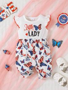1pc Baby Girls' Cap Sleeve Butterfly Element Jumpsuit, Simple & Casual Cute Everyday Outfit - Blue and White - View 1