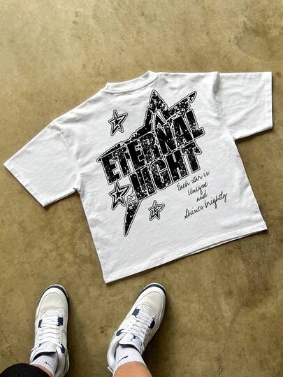 男士修身 T 恤，带有复古字母、星星和金属图案印花，时尚，送给朋友的绝佳礼物，春夏季