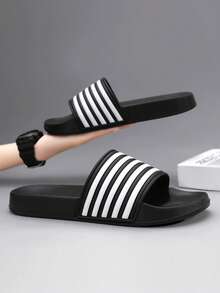 Striped Unisex Slippers, Non-Slip Wear-Resistant Slides, Classic 5-Bar Design Sandals, Beach/Water Shoes - Black - View 4