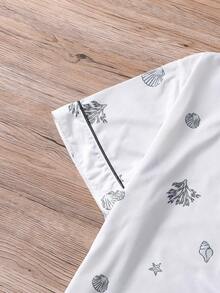 HOREA 2pcs/Set Cute Seahorse & Shell Print Women Sleepwear Set, Short Sleeve Lapel Cardigan Top And Elastic Waist Shorts For Casual Wear, 4-Season Ladies Pajama & Loungewear - Black - View 5