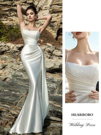 HEARBOBO 时尚奢华串珠刺绣缎面美人鱼婚纱，优雅正式晚宴舞会婚礼宾客礼服，毕业典礼、圣诞派对、民事婚礼礼服