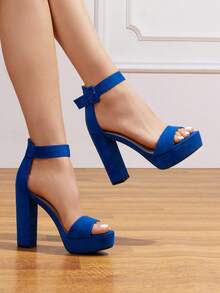 New Arrival Women Platform Chunky Heeled Sandals, Fashion Buckle Decor Ankle Strap Open Toe Ultra High Heel Sandals Elegant Banquet Party Heels - 藍色 - 查看 6