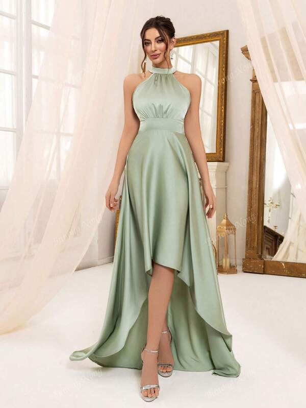 Groene satijnen mouwloze halterjurk voor dames, elegante asymmetrische zoomjurk voor dames voor vakantie, formele gelegenheden, feesten, zomer, verjaardagen, bruiloftsgasten en bruidsmeisjesjurken.