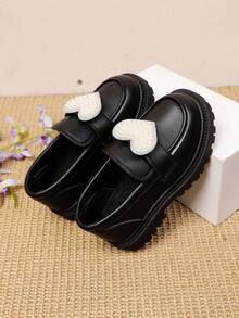 1 Pair Fashion Cute Heart PU Faux Pearl Hook Loop Non-Slip Comfortable Versatile Girls Flats Round Toe, Suitable For Outdoor, Daily, Party And School Wear In Spring And Autumn, Mary Jane Loafers - Black - View 2