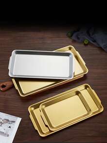 1pc Rectangular Stainless Steel Serving Tray, Thick & Sturdy, Korean Style, For Home, Hotel, Restaurant Decoration, BBQ, Sushi Display - Multicolor - View 3