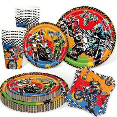 Dirt Bike Birthday Decorations Tableware - Motorcycle Party Supplies, Paper Dinner Plate, Cup, Napkin Motocross Dirt Bike Birthday Party Decorations Dinnerware | Serve 10