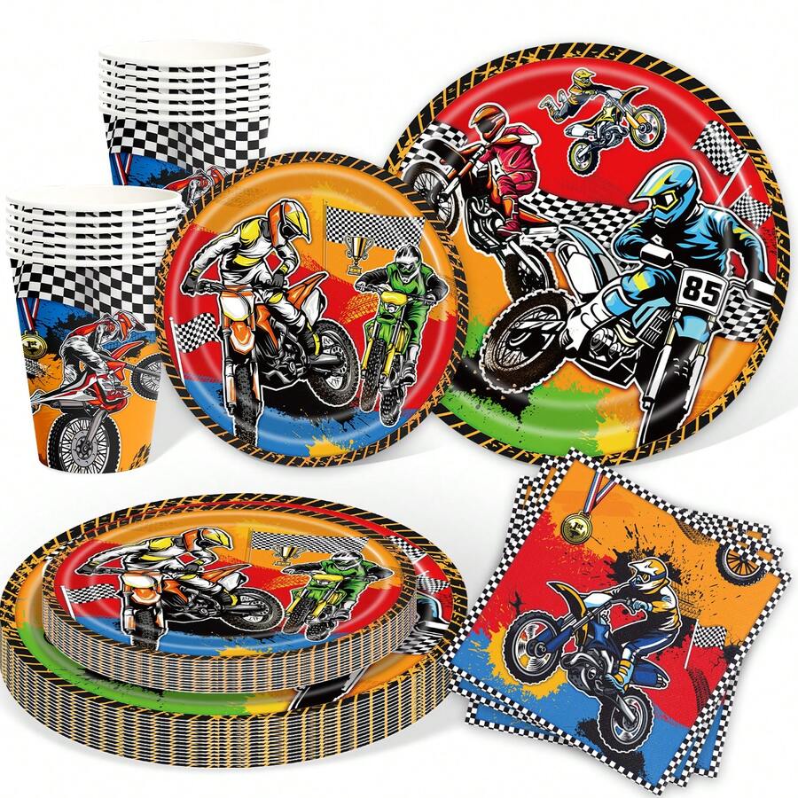 Dirt Bike Birthday Decorations Tableware - Motorcycle Party Supplies, Paper Dinner Plate, Cup, Napkin Motocross Dirt Bike Birthday Party Decorations Dinnerware | Serve 10 - Multicolor - View 1