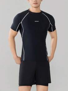 2 peças Top e Shorts de Maiô Bikini Masculino com Estampa de Letras e Cor Sólida, de Manga Curta, Esportivo e Lazer, Alta Elasticidade e Ajuste Slim, para Praia, Piscina, Festa, Férias, Primavera/Verão
