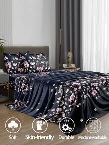 4 件套海军蓝桃花图案床单套件易护理超细纤维柔软床上用品套装花卉床笠套件（1 件床单 + 1 件床笠 + 2 件枕套）床笠套件特大号双人床全尺寸床单深口袋最大 11.8 英寸枕套，柔软透气防皱，更适合睡眠，奢华酒店风格，送给妈妈爸爸朋友的礼物