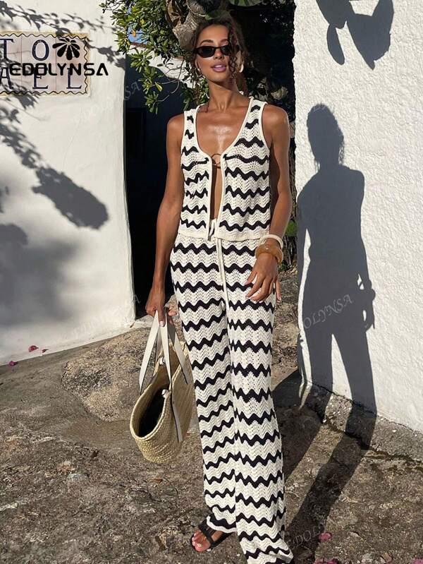 Fashion Striped Knit 2 Pieces -Set Summer Women'sWave Striped Top And Long Pants Sets Knitwear Matching Sets Outfits