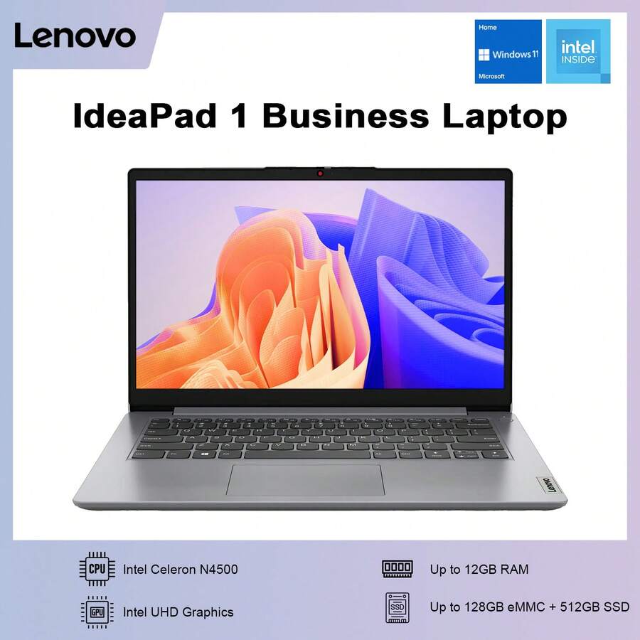 Lenovo IdeaPad 1 Everyday Laptop, 14" HD Display,Up To 12GB RAM, Up To 640GB Storage(128GB EMMC + 512GB PCIe), 1 Yr Office 365 Included, Intel Core Processor, Win 11 Home - Grey - View 1