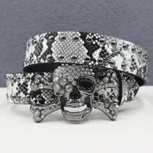 BIG Skull Rhinestone Belt Western Cowboy Style Men Belt Punk Rivet Jeans Belts NEW Metal Rivet Cowboy Belt Snake Pattern Summer, School Autumn-Winter Accessories,Suitable For Teens, Youth,Men,Casual, Outdoor, Athletic, Vacation, Graduation Gifts, Birthday, Daily Wear