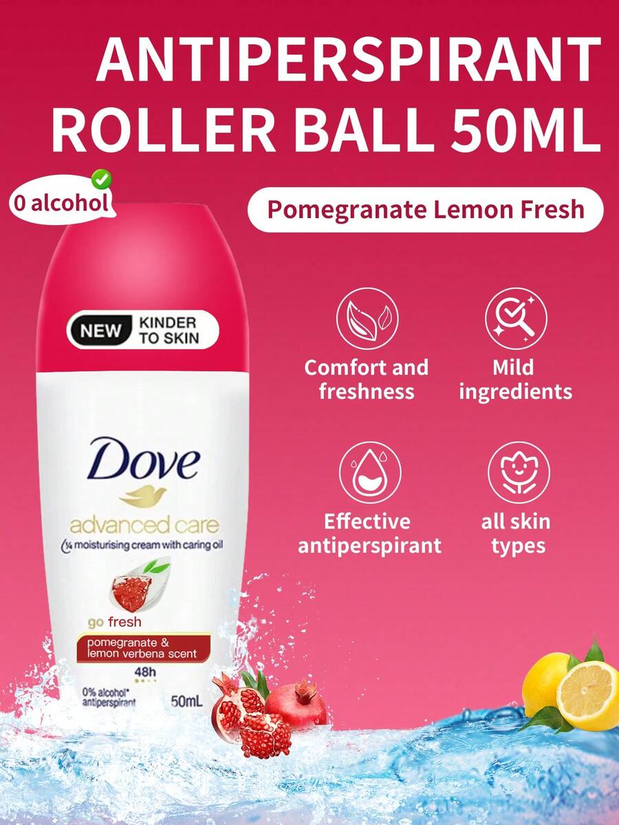 Dove 滾珠除臭劑 1 瓶 50ml,石榴與檸檬清新香調,長效汗水與異味保護,溫和保濕配方,不黏膩,衣物不留白痕,適合腋下日常使用 - 石榴檸檬清新 - 查看 1