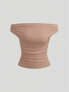 Conjunto de 3 piezas para mujer, top de un solo hombro con hombros descubiertos en color caqui marrón y negro liso, ropa informal corta y ajustada para el día a día. - Multicolor - Ver 4