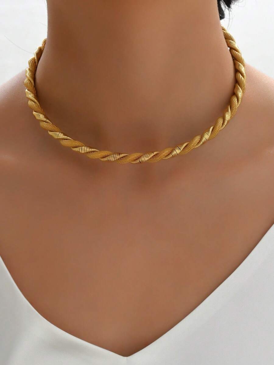 1pc Handmade Metal Wire Choker Necklace, Adjustable Size For Daily Wear - Gold 231 - View 1